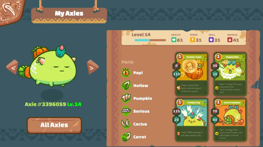 نحوه کسب درآمد از بازی اکسی اینفینیتی (Axie Infinity) 3 15, مرداد 1405 تصویر 7: امتیاز معیارها و کارتهای یک موجود Axie