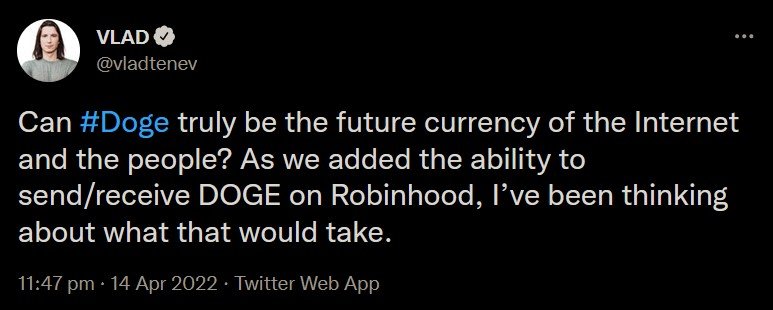 مدیرعامل Robinhood معتقد است که دوجکوین پتانسیل تبدیل شدن به ارزِ اینترنت را دارد Screenshot 2022 04 16 081605 30, شهریور 1405 مدیرعامل Robinhood معتقد است که دوجکوین پتانسیل تبدیل شدن به ارزِ اینترنت را دارد
