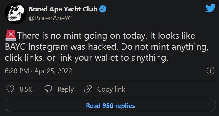 حساب رسمی اینستاگرام Bored Ape Yacht Club’s (BAYC) هک شد، حداقل 54 میمون بهسرقت رفت! Screenshot 2022 04 26 075340 31, شهریور 1405 حساب رسمی اینستاگرام Bored Ape Yacht Club’s (BAYC) هک شد، حداقل 54 میمون بهسرقت رفت!