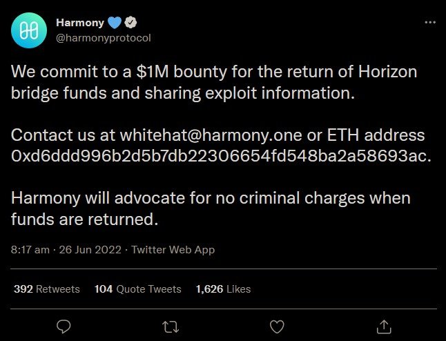 جایزه‌ی 1 میلیون دلاری Harmony برای بازگردانی دارایی‌های مسروقۀ پُل Horizon